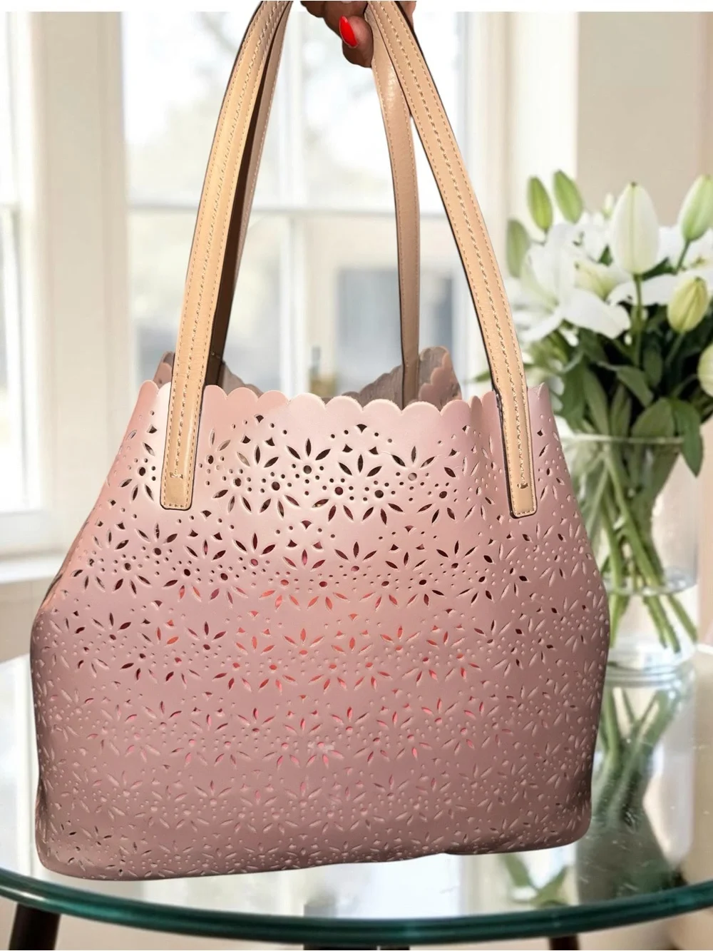 4 piece Coach Market Tote 3-Piece Set - Pearly Pink Laser Cut Perforated Leather - Picture 5 of 16